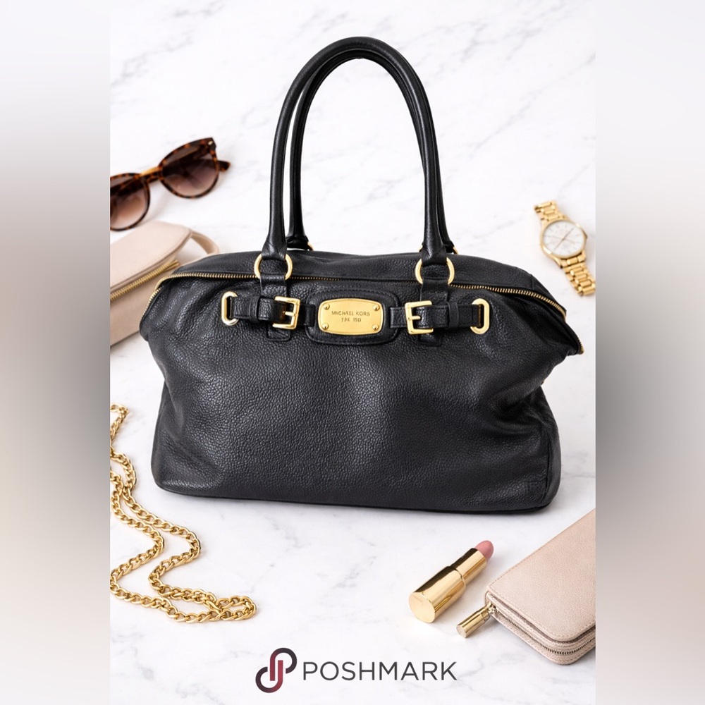 Michael Kors Black Pebbled Leather Satchel Shoulder Tote Gold Hardware - Picture 3 of 6